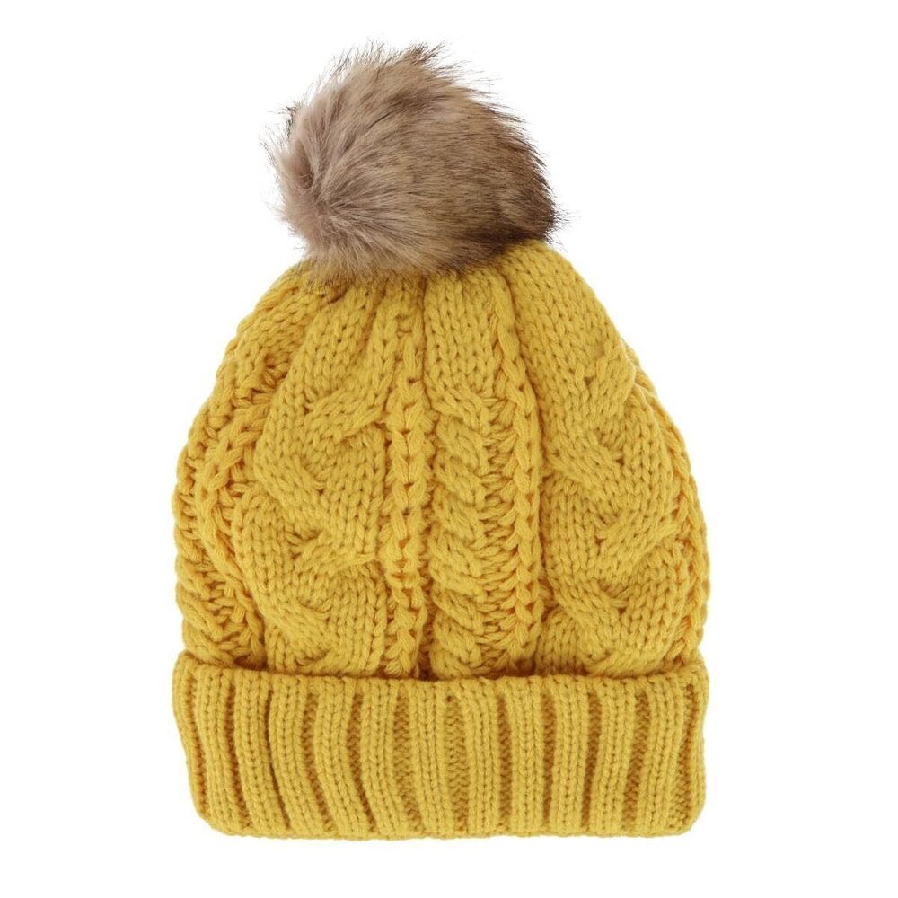 3262 Cable Knit Lined Winter Beanie with Synthetic Fur Pom, Mustard Yellow